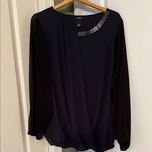 Alfani Navy with Sheer Black Sleeves & Beaded Neck Faux Wrap Blouse 24W